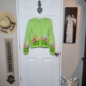 Vintage Lilly Pulitzer Green Floral Cardigan Sweater Girls Size 16